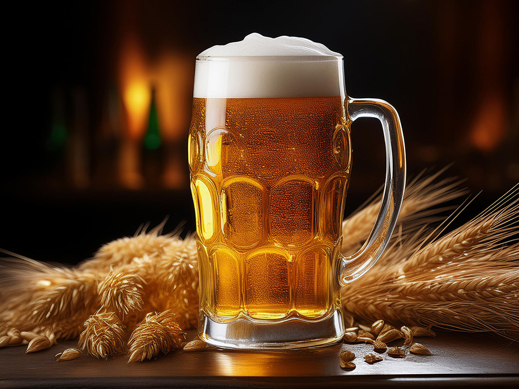 A transparent glass cup brimming with beer crowned by a white top rests on a wooden table, encircled by wheat stalks and scattered grains.