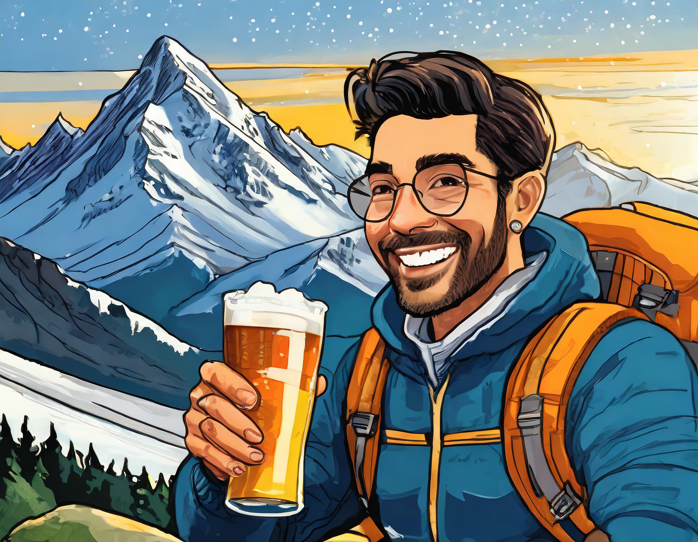 Cartoonish depiction of the Sierra Nevada mountains with a guy enjoying a Sierra Nevada Beer.