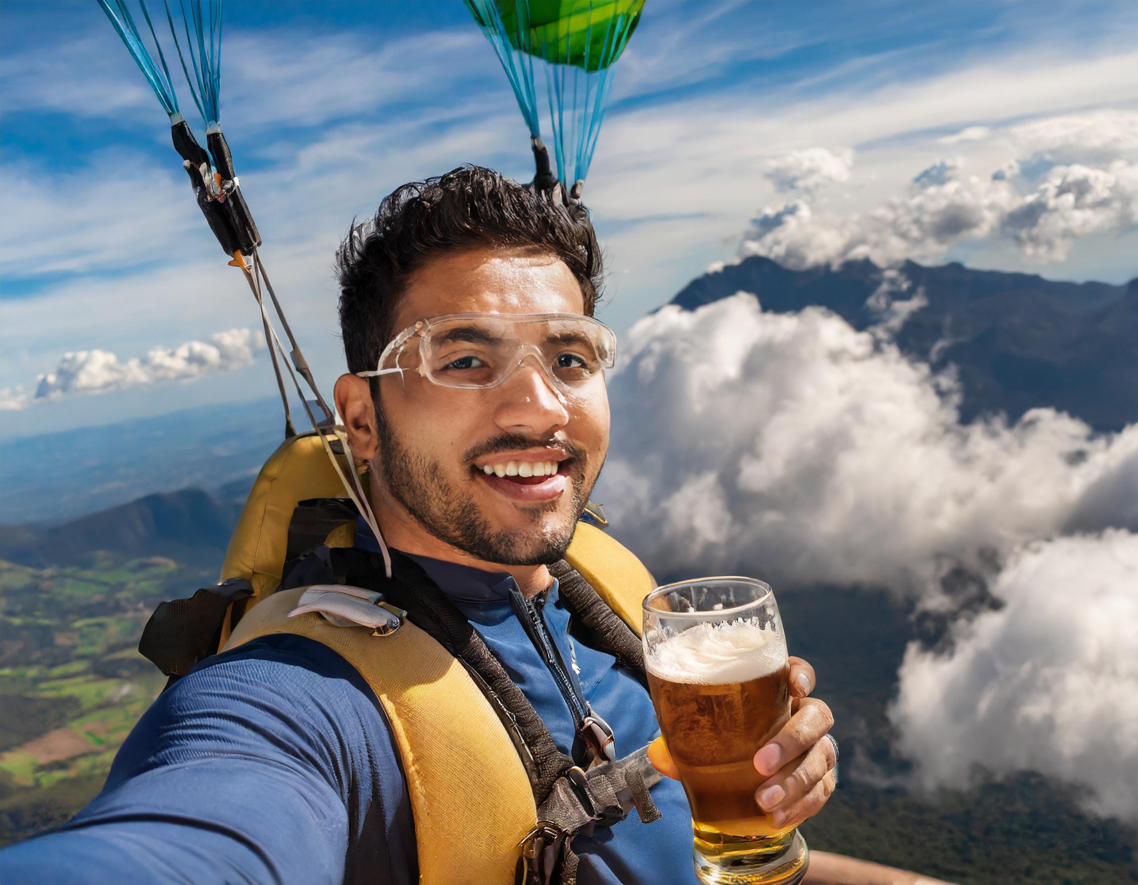 Smiling man skydiving with a glass of beer in hand, floating above a scenic landscape with clouds and mountains in the background.