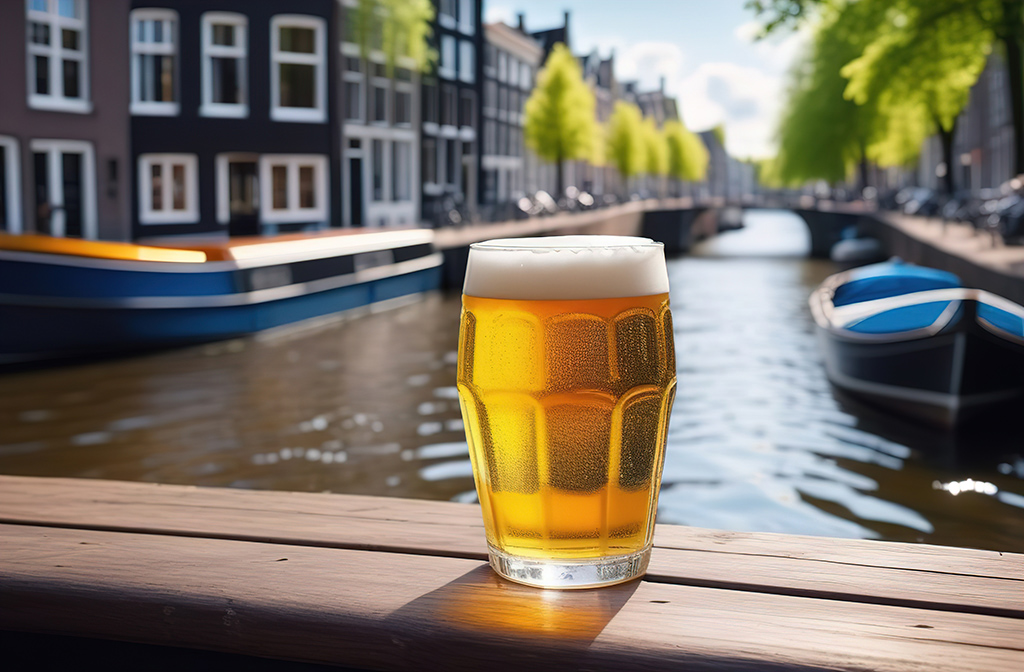 Enjoy a glass of craft beer placed on a rustic wooden table overlooking a picturesque canal in Amsterdam with charming boats and traditional Dutch architecture as the backdrop, on a beautiful sunny day.