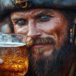 An adventurous pirate with a tankard of craft beer, in hand grinning playfully beneath his iconic hat.